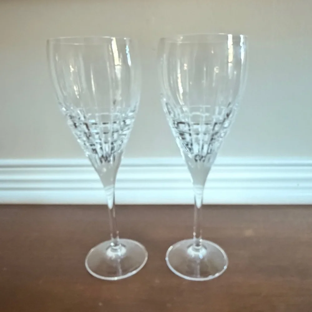 2 Tiffany & Co. Plaid Wine Glasses, 9 3/8”